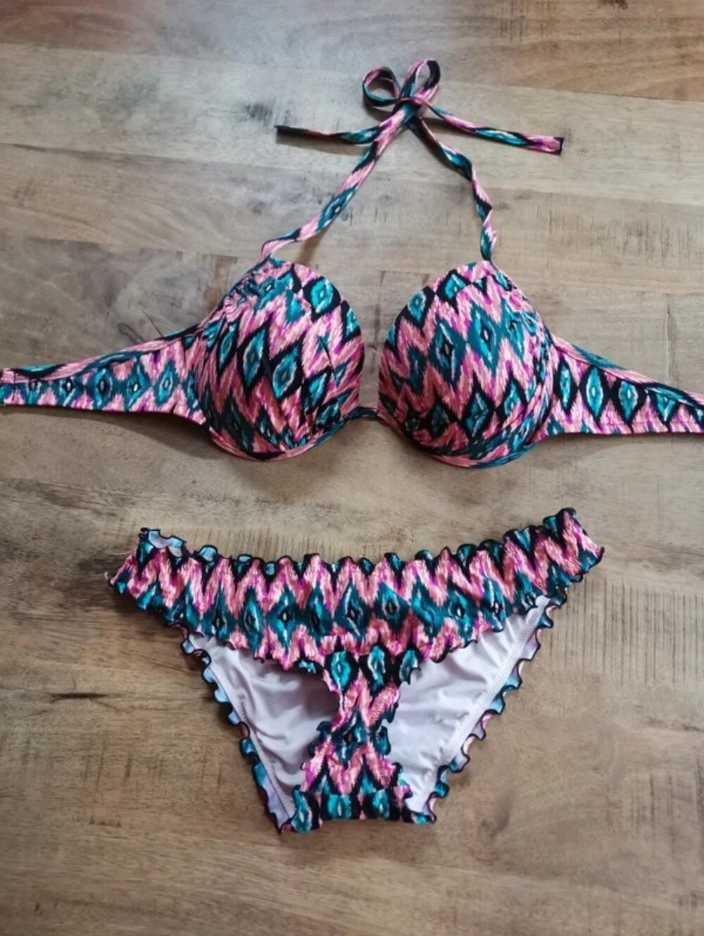 Shade & Shore Teal and Pink Ikat Ruffle Bikini Set